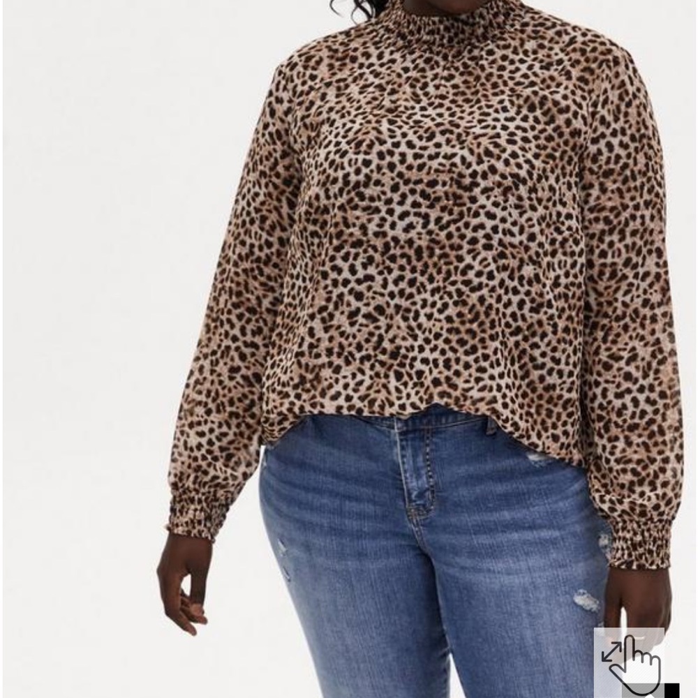 TORRID Leopard animal print Chiffon Smocked Mock Neck long sleeve Blouse